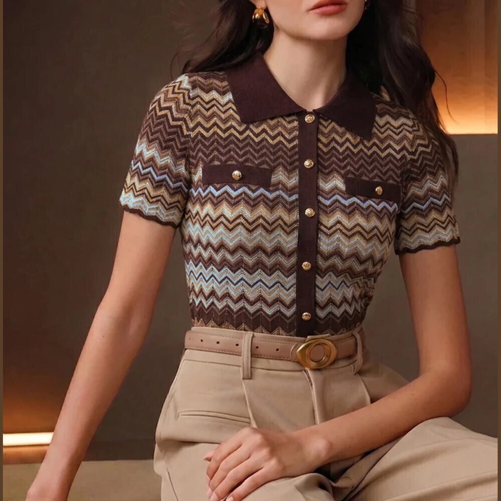 Brown Zigzag Knit Short Sleeve Collared Polo Sweater with Gold Buttons